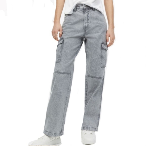 Divided HM Cargo Y2K Baggy W 10 Fit 32x29 Mid Rise Mid Grey Zip Button 6 Pockets - Picture 3 of 15